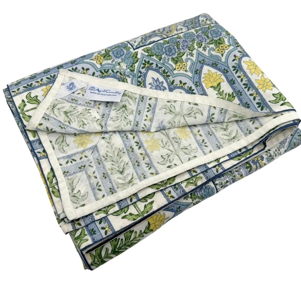 April Cornell Cotton Tablecloth Blue Green Paisley Floral 102x54 Cottage Coastal